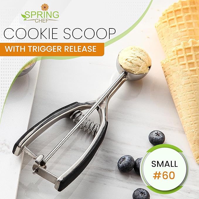 Spring Chef Small 1 Tablespoon Stainless Steel Cookie Scoop for Baking - Multifunctional #60 Cookie Dough Scoop with Trigger Release - Kitchen Scooper for Food - Dishwasher Safe Melon Baller - Black