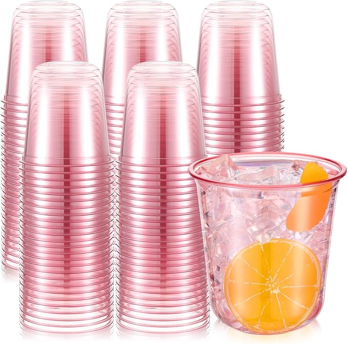 200 Pcs Disposable Stemless Glasses 12oz Crystal Plastic Wine Glasses Clear Classic Pet Cup for Meeting Weddings Birthdays Cocktail Christmas Party Supplies (Pink)
