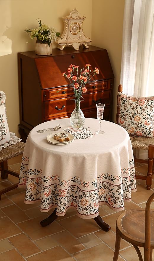 ISAENNE Floral Tablecloth for Round Tables,Linen Table Cloth with Double-Edged Lily Pattern,Heavy Durable Table Cover for Dining Thanksgiving Kitchen Decor Party Christmas,Diameter 55"