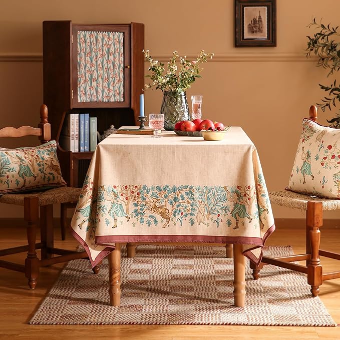 patdrea Designer Beige Extra Long Tablecloth for Rectangle Table,Vintage French Linen Trees Pattern Table Cloth,Decoration Cover for Kitchen Dining Christmas,Thanksgiving,63"x110"-Tatiana D