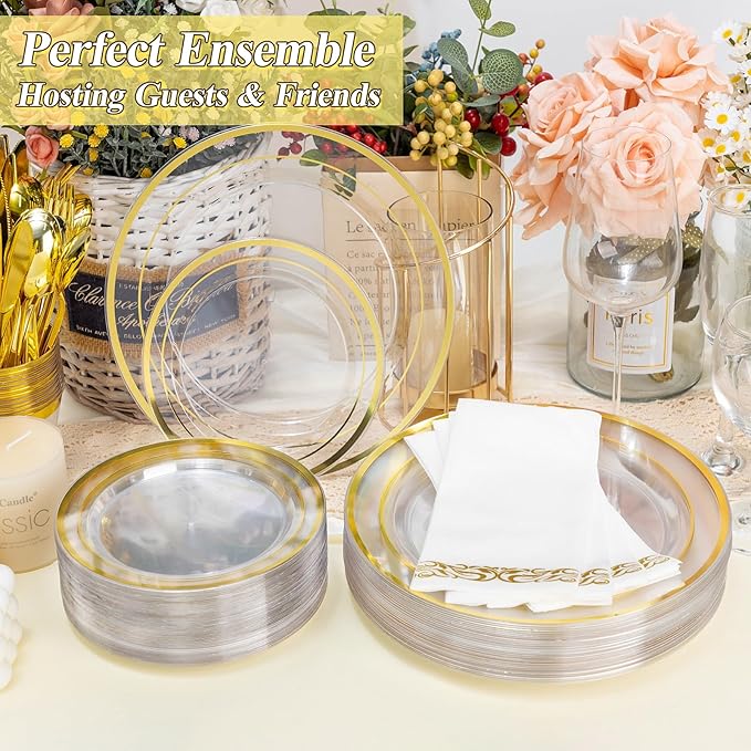 200PCS Clear Gold Plastic Plates Set, 100 10.25 inch Dinner Plates and 100 7.5 inch Dessert Plates, Disposable Plates for Party, Wedding
