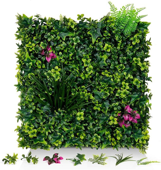 Artificial Grass Wall Panels, 20"x20" 16pcs Grass Backdrop Wall with Mint Plant Leaves, UV-Anti Fake Greenery Plant Boxwood Panels for Privacy Fence Screen, Outdoor Green Wall Decor for Patio Garden