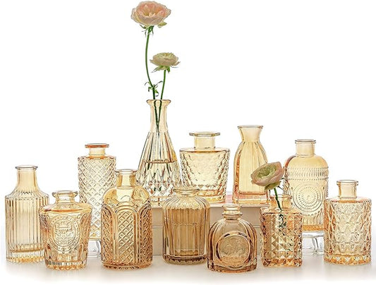 12pcs Glass Bud Vase Set, Small Gold Amber Flower Vases for Centerpieces in Bulk, Mini Vintage Vase for Wedding, Home,Table Decoration