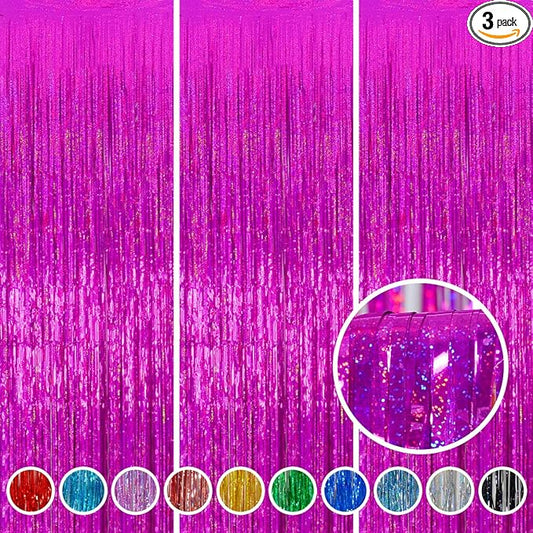 Valentine Backdrop Foil Fringe Curtains Party Decorations - Melsan 3 Pack 3.2 x 8.2 ft Tinsel Curtain Party Photo Backdrop for Birthday Party Baby Shower or Graduation Decorations Rose Red