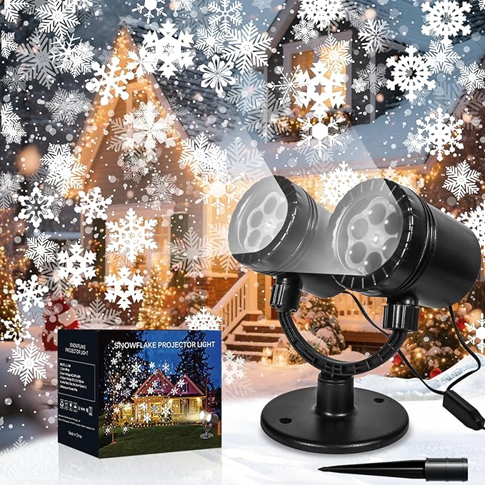 Snowflake Projector Christmas Lights Outdoor, Timer Double Head Projector Snowflake Light Waterproof, LED Rotating Snowfall Lamp for Holiday Party Yard Garden Indoor Christmas Decoration