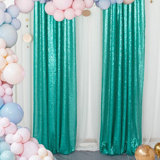 ShinyBeauty Sparkle Backdrop Curtain Teal 2 Panels Set Sequin Photo Backdrop Christmas Green 2FTx8FT Sequin Backdrop Curtain Pack of 2 Christmas Photo Backdrop-1220S