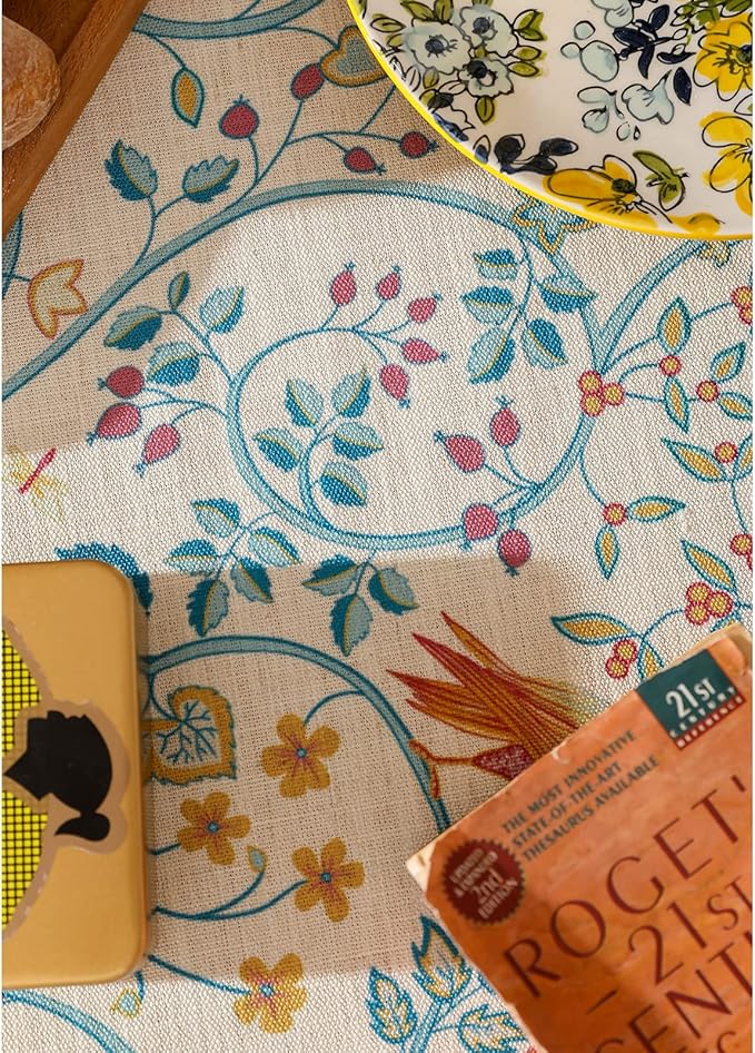 patdrea Designer Vintage Long Rectangular Tablecloth,French Floral Birds Pattern Linen Table Cloth,Yellow Decorative Cover for Kitchen Dining Banquet,Christmas,Thanksgiving,63"x102"-Magnolia