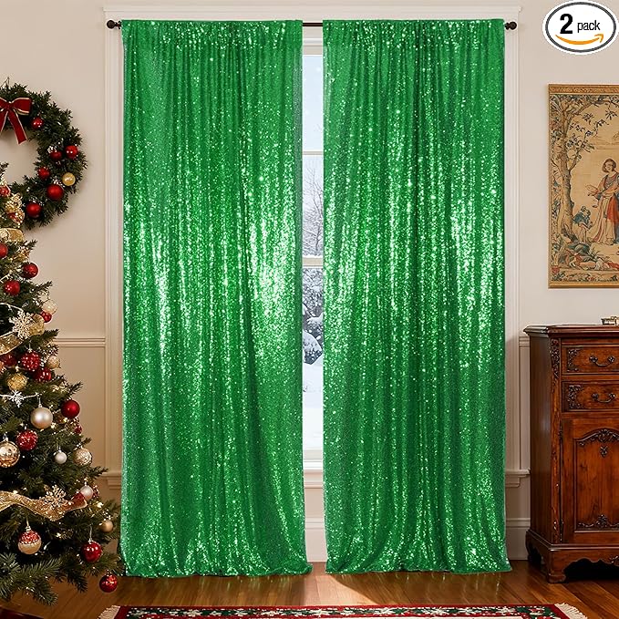 Poise3EHome Green Sequin Backdrop Curtain, 2 Panels 2FTx8FT Glitter Background for Party Halloween Birthday Party Baby Shower Wedding Christmas Thanksgiving Holiday Festival Decor