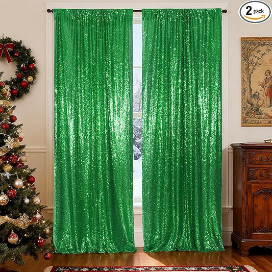 Poise3EHome Green Sequin Backdrop Curtain, 2 Panels 2FTx8FT Glitter Background for Party Halloween Birthday Party Baby Shower Wedding Christmas Thanksgiving Holiday Festival Decor