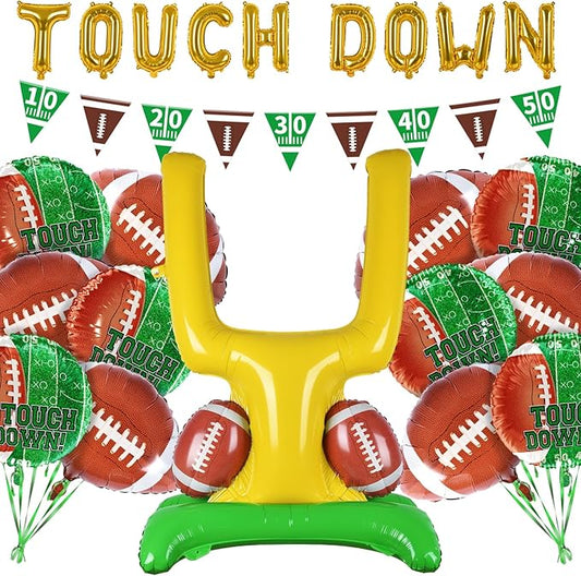 Football Party Supplies Kit - Touchdown Letter Balloon, Goal Post & Football Shaped Foil Balloons, Round 'Touchdown!' Foil Balloons, and Banner for Birthday, Game day, Tailgate Party Decorations