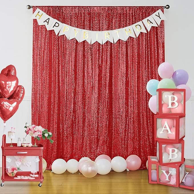 Sugargirl Red Sequin Backdrop Curtain 2 Panels 2FTx8FT Glitter Red Background Drapes Sparkle Photography Backdrop for Party Wedding Birthday Wall Decoration
