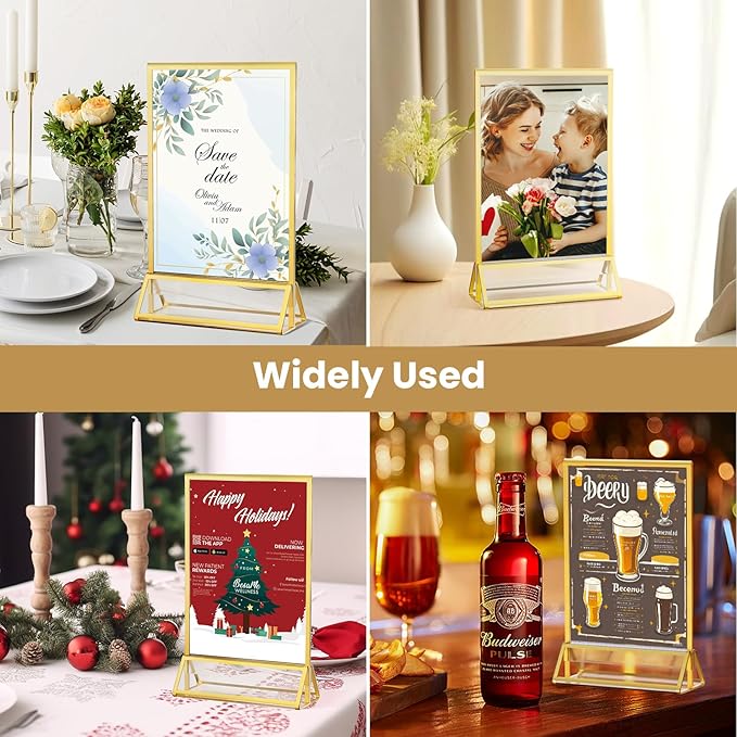 Acrylic Sign Holder 4X6 Gold Picture Frame Double-Sided Acrylic Frames for Wedding Table Numbers Photo Frames Flyers Menu with Removable Sticky Dots-6 Pack