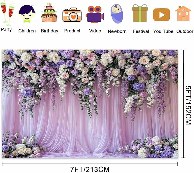 9x6ft Purple Lavender Floral Bridal Backdrop Wedding Flower Photography Backdrop for Girl Portrait Baby Shower Birthday Party Decor Banner Mother's Day Party Wall Backdrop Studio Photo Backgrounds