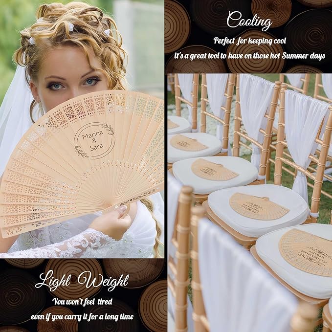 50 PCS Custom Fans Personalized Folding Fans for Line Dancing Wooden Hand Fan Wedding Favors Bulk Fans for Guests Party Event Use (Style09)