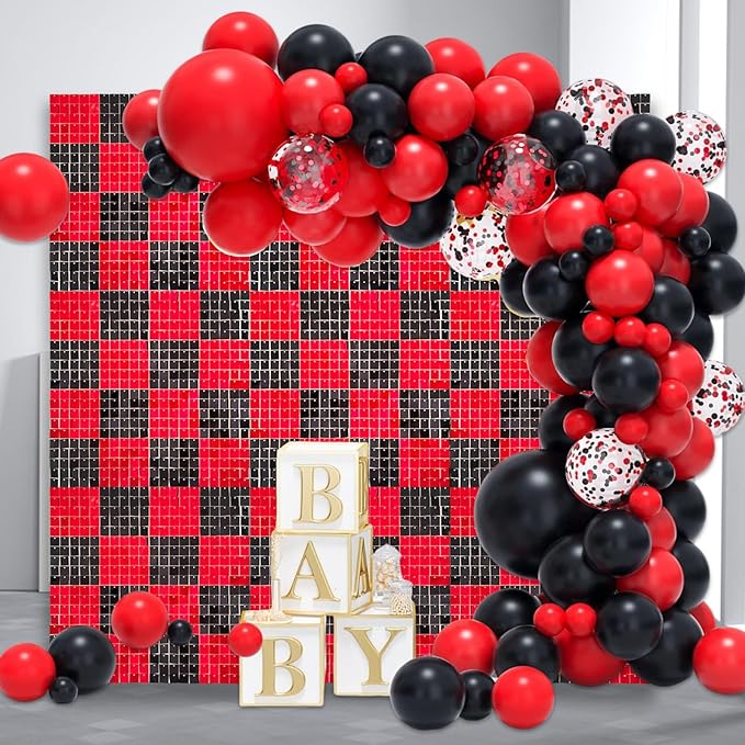12PCS Black Red Shimmer Wall Backdrop, Square Sequin Photo Backdrops Panel, Glitter Wall Background for Birthdays, Weddings, Christmas, Halloween, Disco Bachelorette Party Decor (3FTx4FT)