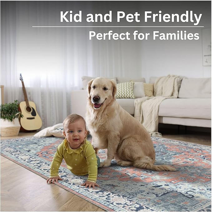Bloom Rugs Washable Non-Slip 4' x 6' Rug - Coral/Blue Traditional Medallion Area Rug for Living Room, Bedroom, Dining Room, and Kitchen - Exact Size: 4' x 6'