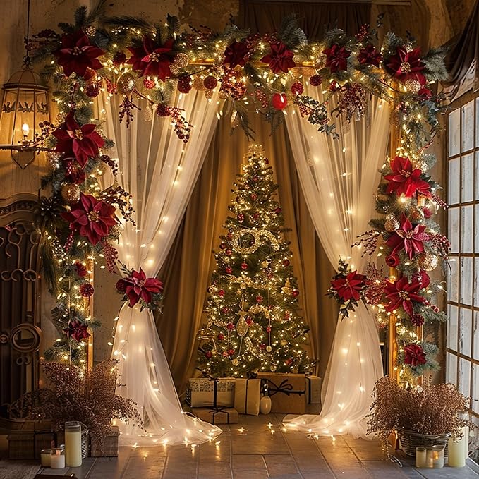 Fomcet Tulle Backdrop Curtains White 30FT X 8FT Tulle Curtains with Lights String Sheer Backdrop Curtain for Parties Wedding Baby Shower Photo Shoot Decorations (6 Panels 5 x 8FT)