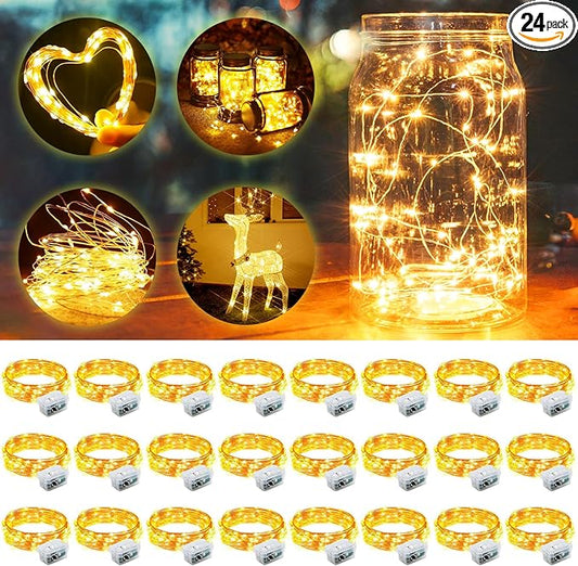 Aogist 24 Pack Fairy Lights 3 Modes 7ft 20 LED Waterproof,Battery Operated Silver Wire Firefly Starry Moon Mini String Lights for Mason Jars Christmas DIY Crafts Wedding Party Bedroom,Warm White