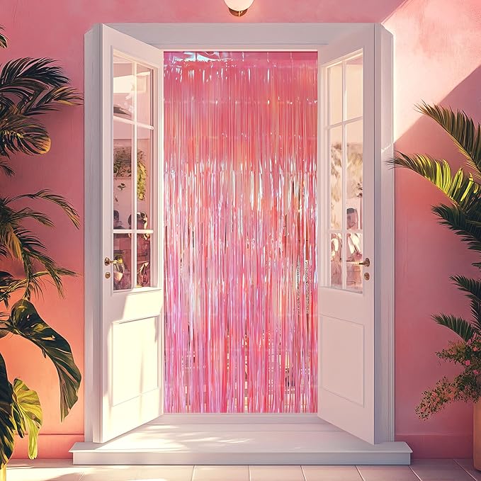 2 Pack Pink Iridescent Streamers Backdrop, 3.3x6.6ft Foil Fringe Curtains Holographic Door Tinsel Streamers for Birthday, Wedding, Holiday, Bachelorette, Baby Shower Theme Party Decorations
