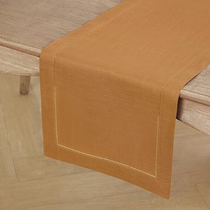 Solino Home Linen Brown Sugar Table Runner 144 Inches Long - 100% Pure Linen Extra Long Table Runner 14 x 144 Inch for Fall, Autumn, Thanksgiving - Classic Hemstitch