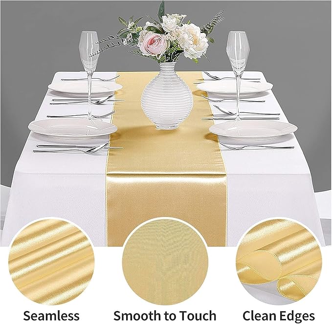 15-Pack Satin Table Runner Light Gold 12 x 108 inches Long, Table Runners for Wedding, Birthday Parties, Banquets Decorations（15 Pack, 12x108 Inch, Light Gold）