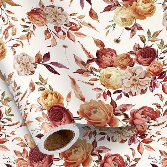 RUSPEPA Fall Floral Wrapping Paper Roll for Women Girls, Mini Roll, Vintage Rose and Autumn Bloom Bouquet Design Gift Wrap for Thanksgiving, Wedding, Birthday, Bridal Shower, 17 Inches x 16.4 Feet