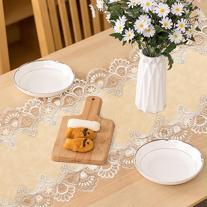 Vintage Lace Dining Table Runner, 72 Inches Macrame Coffee Table Runners for Kitchen Home Christmas Party Decorations (16x72 inch,Beige)