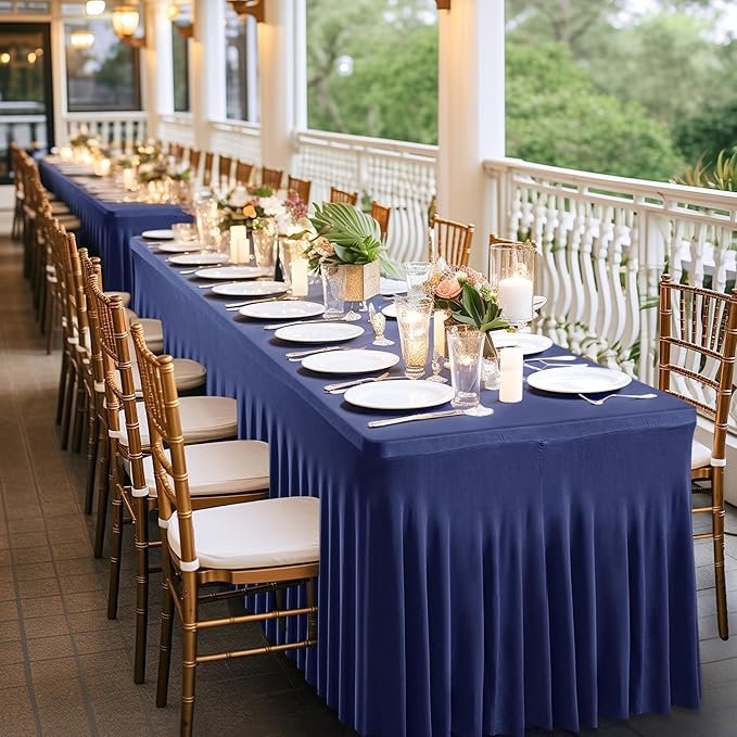 Wish Care 6 Pack Navy Blue Spandex Table Clothes for 8 Foot Rectangle Tables, 8FT Wrinkle Free Fitted Tablecloths Ruffles Design Table Cover for Party, Banquet, Wedding and Events