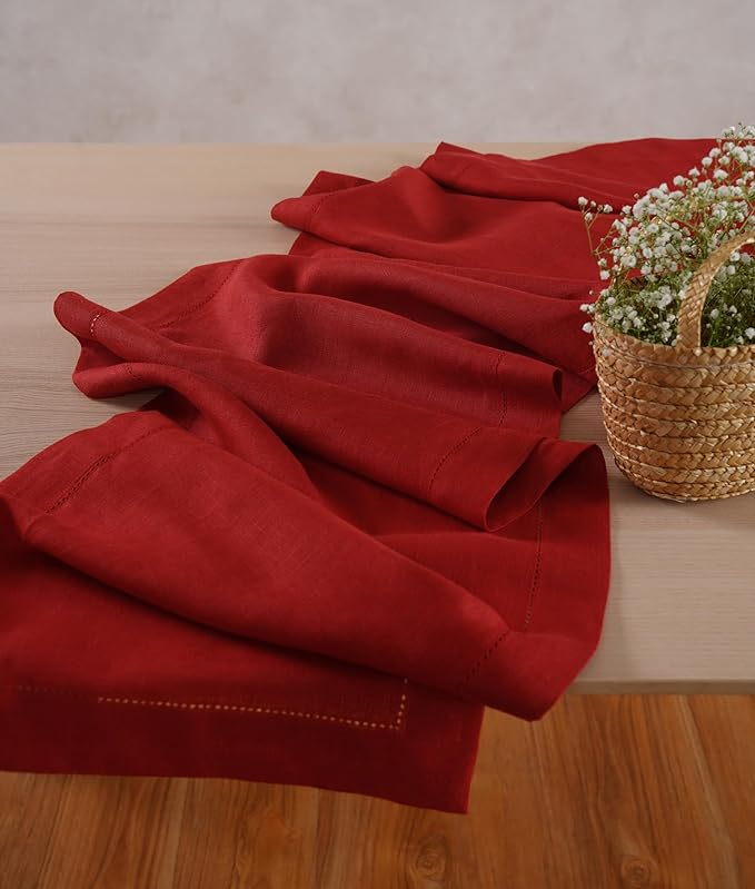 Home Ekka 100% Pure Linen Red Table Runner 14 × 48 Inch – Small Hemstitch Christmas Table Runner – Cloth Fabric Runner for Thanksgiving, Winter & New Year Table Décor – Elara Collection