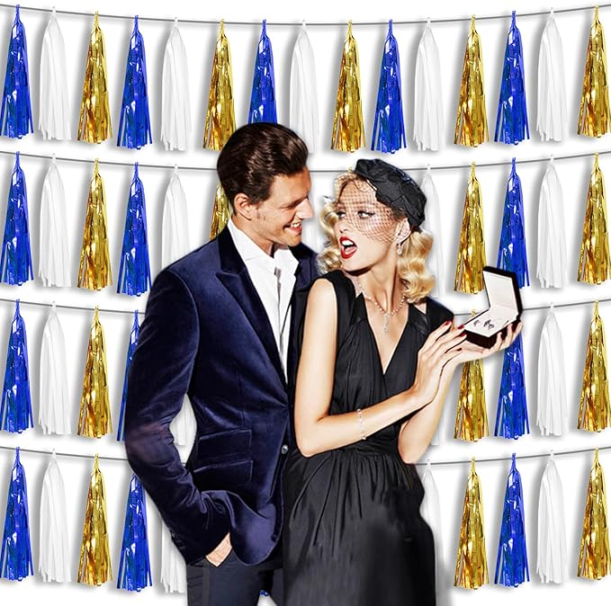 4 Pack Navy-Blue White and Gold Foil Fringe Tassel Banner Garland Metallic Tinsel Streamers Wall Hanging Curtain Backdrop Banners for Parade Floats, 2025 Graduation, Retirement Party Decoratio