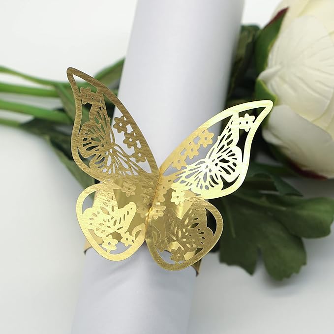 Butterfly Gold Paper Napkin Rings Set of 100 pcs，3D Laser Cut Foil Cutout Paper Napkins Holder,Disposable Serviette Rings for Tables,Decorations,Wedding,Dinner,Party Decor, TYPE1
