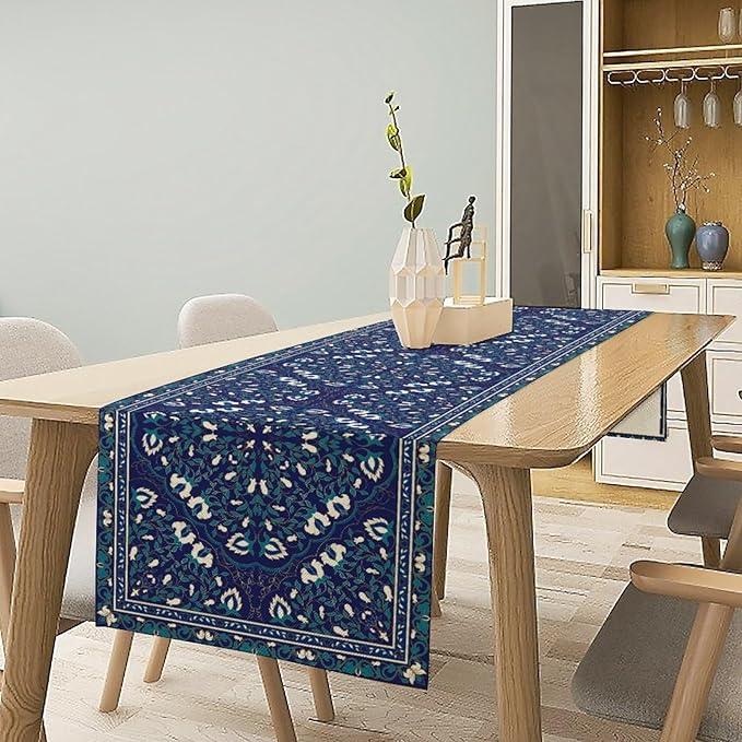 Boho Floral Vintage Table Runner, Retro Morris Abstract Blue Flower Rustic Country Farmhouse Pattern for Home Kitchen Table Decor Dining Coffee Room Wedding Party Decor 13x60in