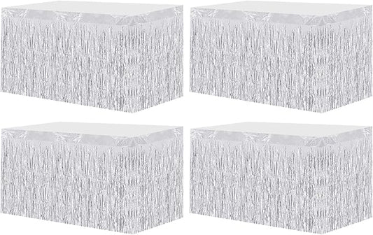 4 Pack 29.5x108 Inch Metallic Foil Fringe Tinsel Table Skirts, Streamer Garland Curtains Backdrop for Rectangle Tables Wedding Birthday Parade Floats Christmas Party Decoration(Silver)