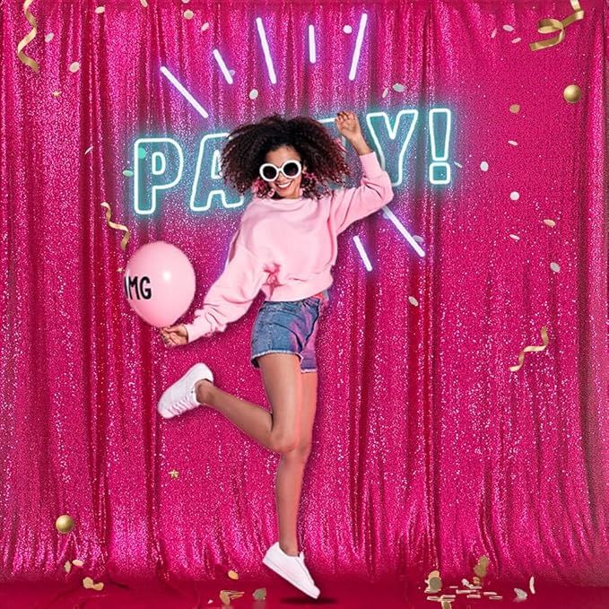 PartyDelight Hot Pink 8FT X 8FT Sparkly Sequin Backdrop Curtains for Wedding Party Room Decorations