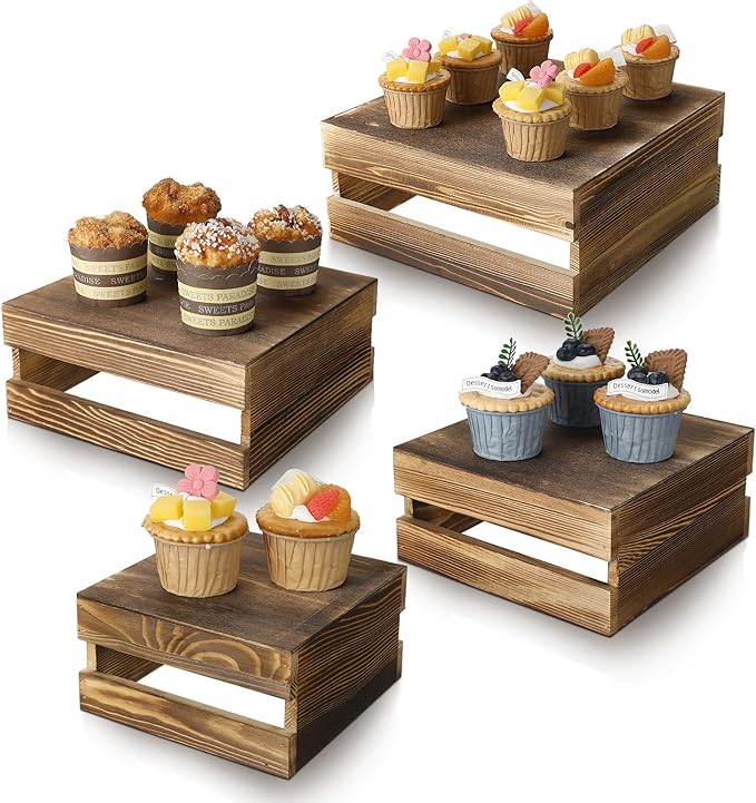 Sieral 4 Pieces Wood Cupcake Display Stand Decorative Dessert Appetizer Cake Stand Risers Wooden Crate Rustic Cake Risers for Storage for Party Christmas Halloween Wedding Decor(Rustic Dark Brown)