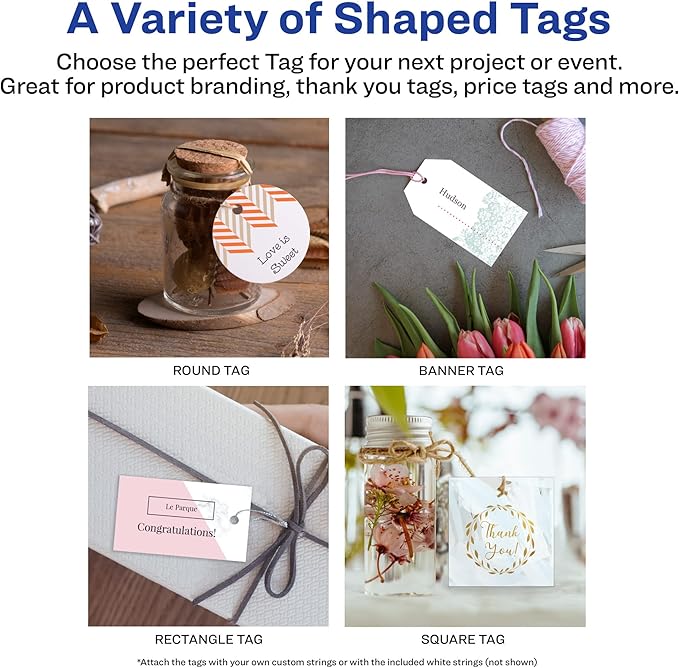 Avery Square Tags, Sure Feed Technology, 2" x 2", Matte White, Strings Included, 120 Total, Print-to-The-Edge, Laser/Inkjet Printable (80513)
