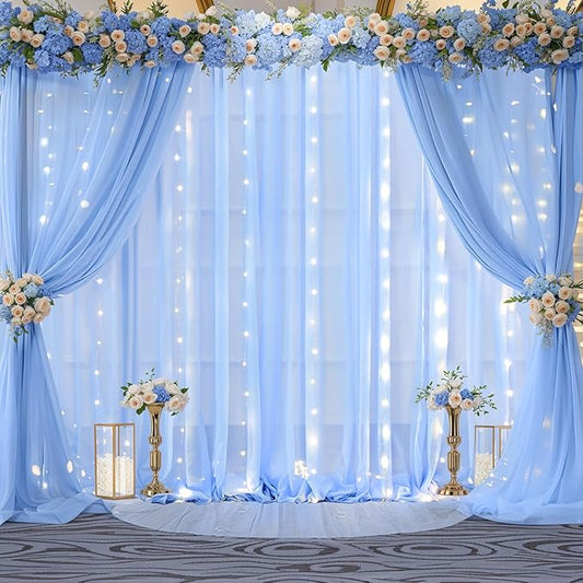 10x10ft Light Blue Chiffon Backdrop Curtain with Lights for Baby Shower Birthday Party, Sky Blue Curtain Backdrop with Lights for Wedding Parties Photo Shoot (5 x 10ft,2 Panels)