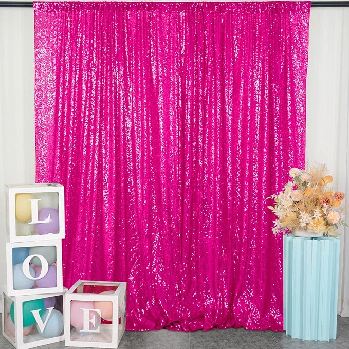 DUOBAO Sequin Backdrop 10x10 Ft Hot Pink Sequin Curtain for Halloween, Weddings & Parties