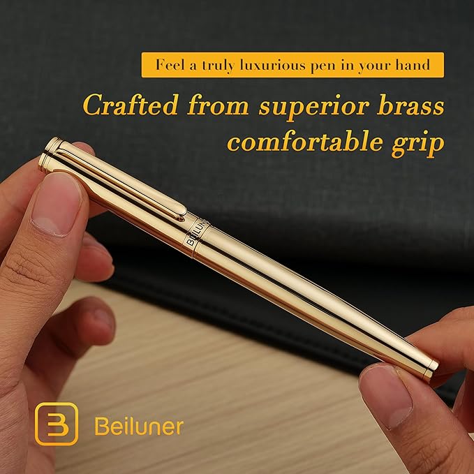 BEILUNER Gold Fountain Pen,Stunning Luxury Pens with 24K Gold Finish, Gorgeous 24K Gilded Nib(Medium), Fancy Pen Gift Set for Men&Women -Ink Converter-Elegant,Office,Nice Pen for Writing