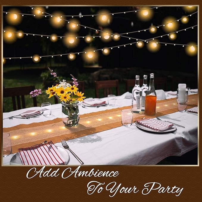 Burlap Table Runner with LED String Lights Rustic 12" x 108" Christmas Tablecloth Lighted Table Runner Farmhouse Decor for Wedding Bridal Shower Xmas Holiday (Pack of 2)