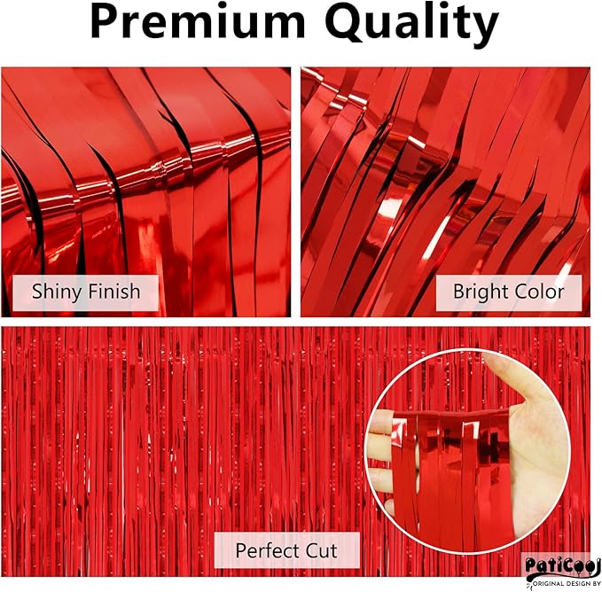 Christmas Decorations Red Streamers - Thicken 4 Pack 3.2 x 8.2 FT - Red Tinsel Foil Fringe Curtains Party Backdrop for Birthday, Casino, Carnival, Cherry, Hollywood Red Carpet Party Decorations