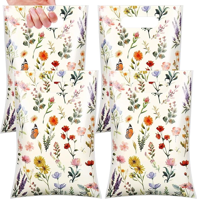 100 Pcs Wildfloral Gift Bags Vintage Wildflower Party Favor Bag with Handle Wildfloral Plastic Goodie Candy Treat Gift Wrapping for Summer Baby Shower Birthday Wedding Party Supplies (White)