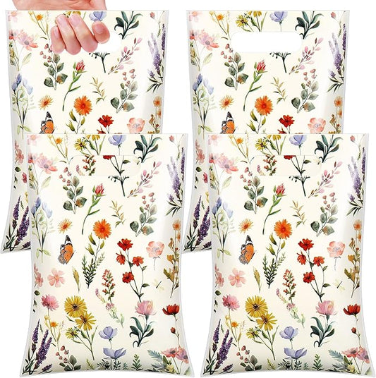 100 Pcs Wildfloral Gift Bags Vintage Wildflower Party Favor Bag with Handle Wildfloral Plastic Goodie Candy Treat Gift Wrapping for Summer Baby Shower Birthday Wedding Party Supplies (White)