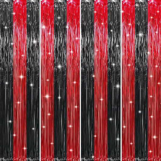 GOER 3.2 ft x8.2 ft Metallic Tinsel Foil Fringe Curtains Party Photo Backdrop Party Streamers for Birthday,Graduation,New Year Eve Decorations Wedding Decor (4 Pcs,Black&Red)