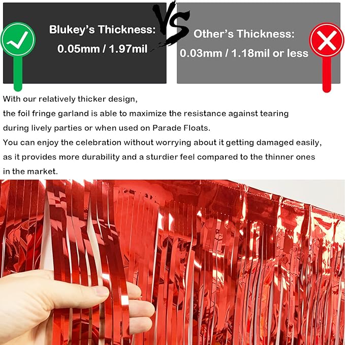Thick 10 Feet by 15 Inch Red Foil Fringe Garland - Pack of 3 | Shiny Metallic Tinsel Banner for Parade Floats, Bridal Shower, Wedding, Birthday, Christmas | Wall Hanging Drapes (3)