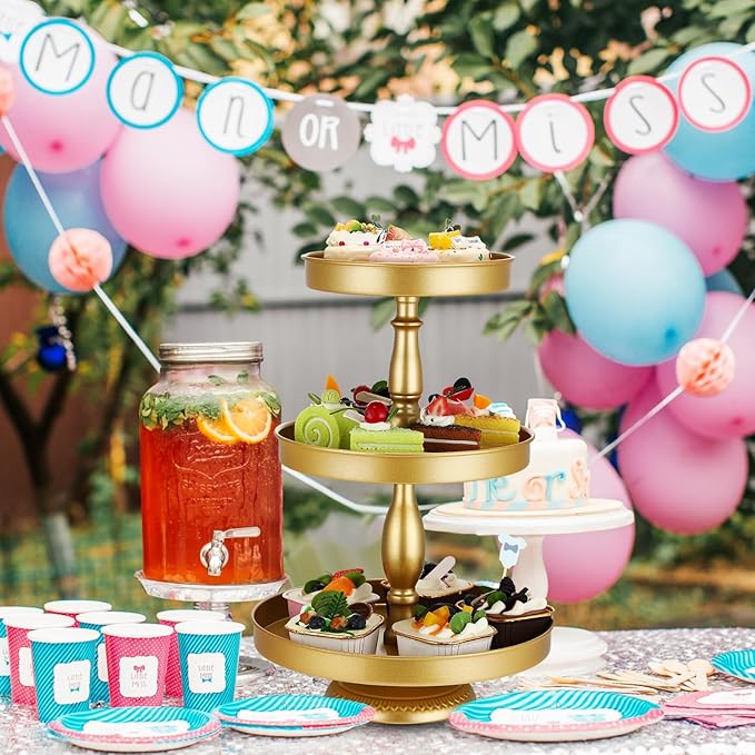 Maxdot 2 Pcs 3 Tier Cupcake Stand Holder, Round Cupcake Stand Serving Tray, Metal Tiered Tray Pastry Dessert Cake Tower Display Stand for Baby Shower Tea Party, Wedding and Birthday (Gold)