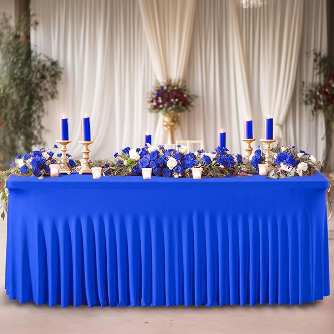 Wish Care 6 Pack Royal Blue Spandex Table Clothes for 8 Foot Rectangle Tables, 8FT Wrinkle Free Fitted Tablecloths Ruffles Design Table Cloth for Party, Banquet, Wedding and Events