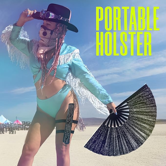 Black Glitter Folding Fan with Holster – Large Handheld Folding Fan with Loud Snap for Festival, Line Dancing, Drag, and Performance – Includes Matching Glitter Belt Holster