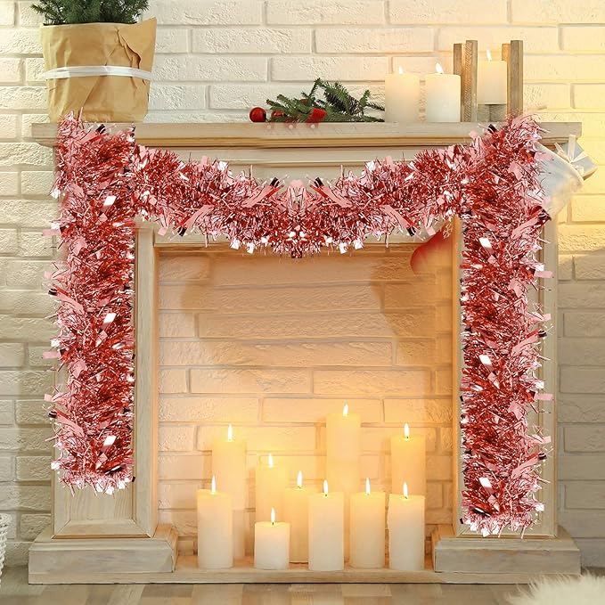 72 Feet Christmas Tinsel Garland Shiny Metallic Tinsel Twist Garland Streamers Ornaments Long Glitter Christmas Tree Hanging Decorations for Party Holiday Wedding Birthday Tree Wall Rail (Rose Gold)