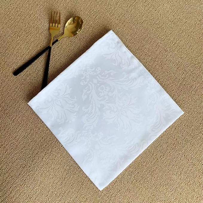 White Jacquard Square Napkin, Damask Wrinkle Resistant Soft Polyester Napkins, Fabric Cloth Dinner Napkins for Daily, Wedding, Birthday, Anniversary, Holiday, Parties, Set of 4 (White, 20X20" Napkin)